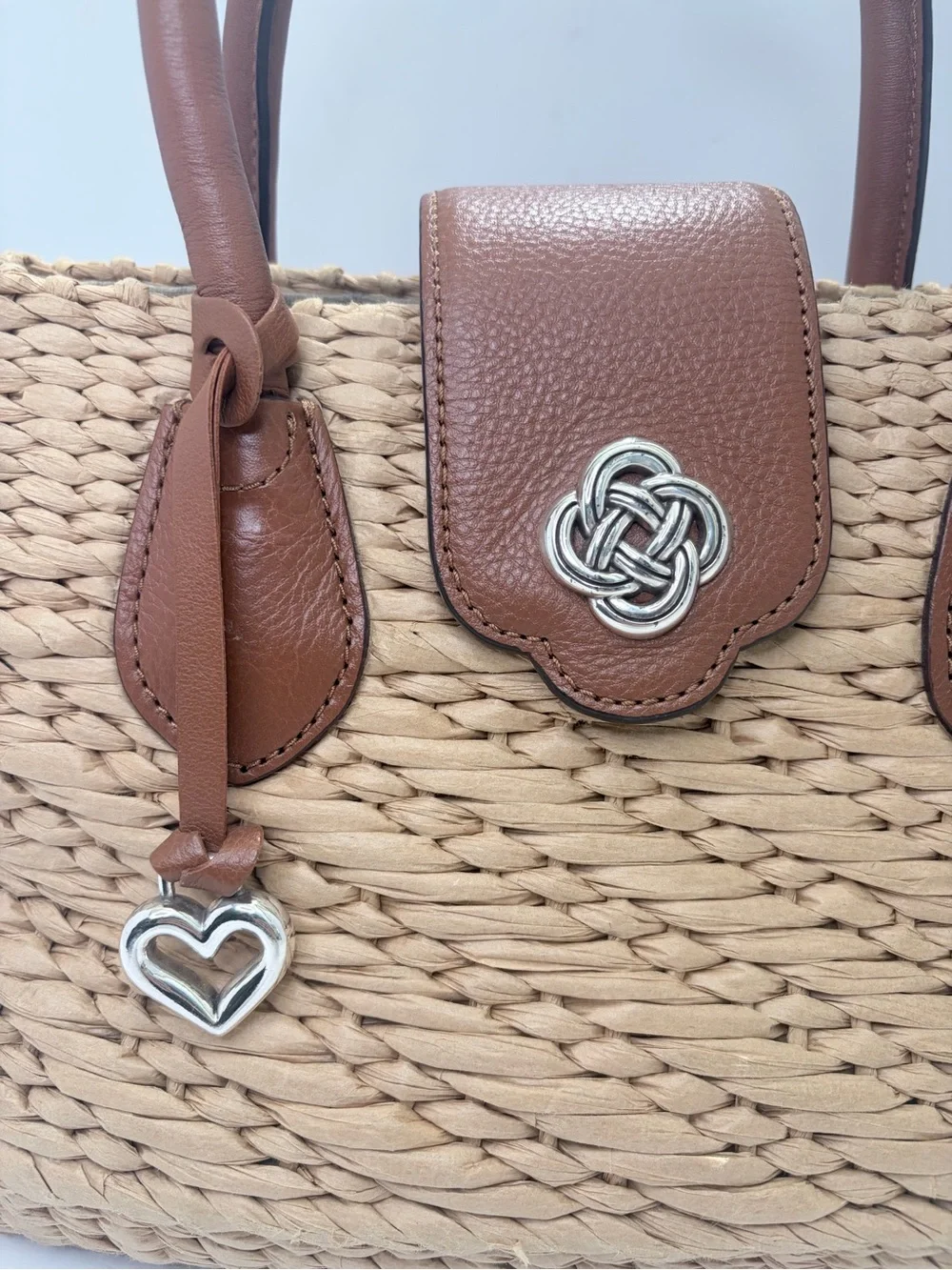 Woven Straw Tote Handbag with Brown Leather Trim